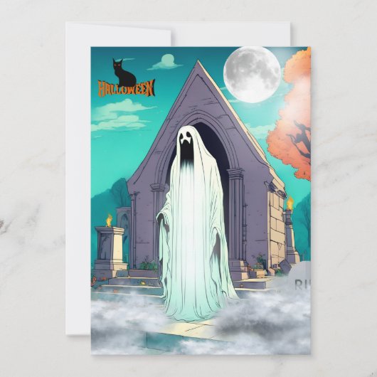 Spooky Enge Ghost Staand in Cemetery Halloween. Feestdagenkaart (Voorkant)