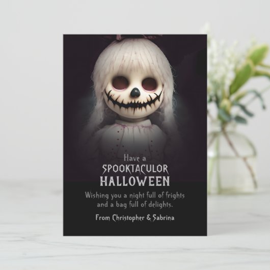 Spooky enge griezelige pop halloween groet feestdagenkaart (Staand voorkant)