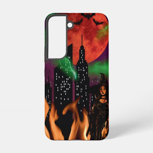 Spooky Fire Witch Cityscape Rode Maan Halloween Samsung Galaxy Hoesje (Achterkant)
