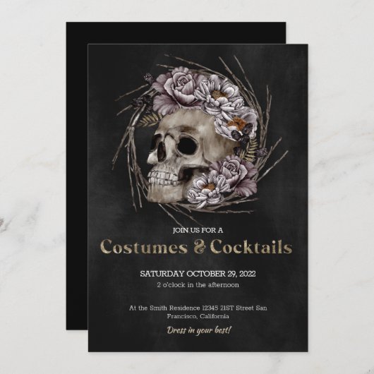 Spooky Floral Skull Halloween Party Invitation Kaart (Voorkant / Achterkant)