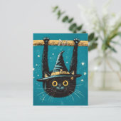 Spooky Flying Black Cat Witch Feestdagenkaart (Staand voorkant)