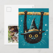 Spooky Flying Black Cat Witch Feestdagenkaart (Voorkant / Achterkant)