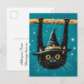 Spooky Flying Black Cat Witch Feestdagenkaart (Voorkant / Achterkant)