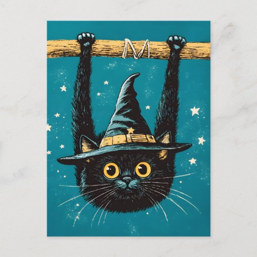 Spooky Flying Black Cat Witch Feestdagenkaart (Voorkant)