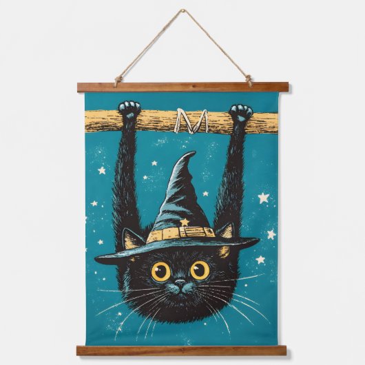 Spooky Flying Black Cat Witch Hangend Wandkleed (Voorkant)