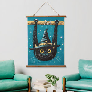 Spooky Flying Black Cat Witch Hangend Wandkleed