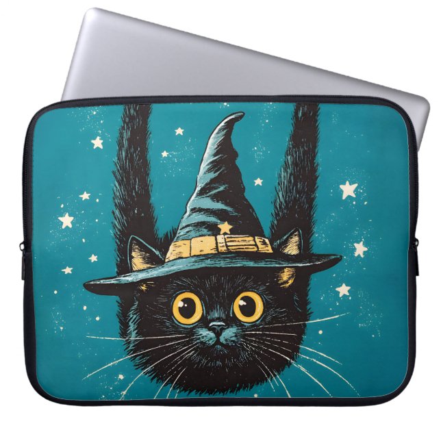 Spooky Flying Black Cat Witch Laptop Sleeve (Voorkant)