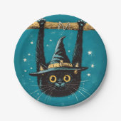 Spooky Flying Black Cat Witch Papieren Bordje (Voorkant)