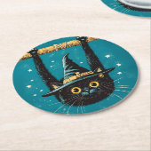 Spooky Flying Black Cat Witch Ronde Kartonnen Onderzetter (Gebogen)