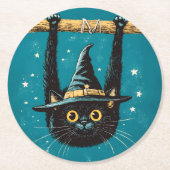 Spooky Flying Black Cat Witch Ronde Kartonnen Onderzetter (Voorkant)