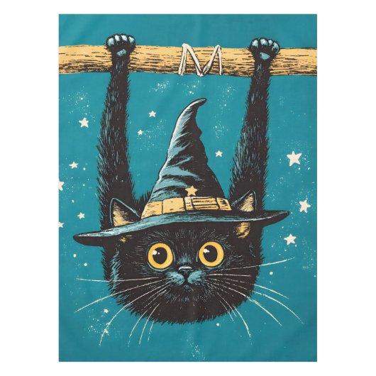 Spooky Flying Black Cat Witch Tafelkleed (Voorkant)