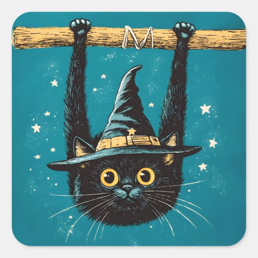 Spooky Flying Black Cat Witch Vierkante Sticker (Voorkant)