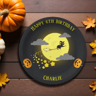 Spooky Flying Witch Black Cat Cartoon Verjaardag Papieren Bordje