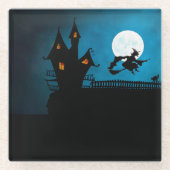 Spooky Flying Witch: Bold Black en Blue Halloween Glazen Onderzetter (Voorkant)
