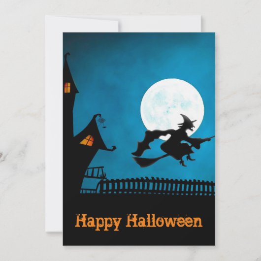 Spooky Flying Witch: Bold Black en Blue Halloween Kaart (Voorkant)