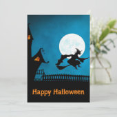 Spooky Flying Witch: Bold Black en Blue Halloween Kaart (Staand voorkant)