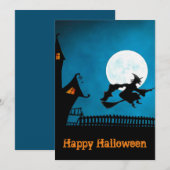 Spooky Flying Witch: Bold Black en Blue Halloween Kaart (Voorkant / Achterkant)