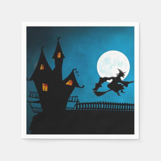 Spooky Flying Witch: Bold Black en Blue Halloween Servet (Voorkant)