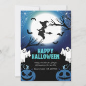 Spooky Flying Witch & Ghosts Volle Maan Halloween Kaart (Voorkant)