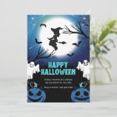 Spooky Flying Witch & Ghosts Volle Maan Halloween Kaart (Staand voorkant)