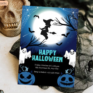 Spooky Flying Witch & Ghosts Volle Maan Halloween Kaart