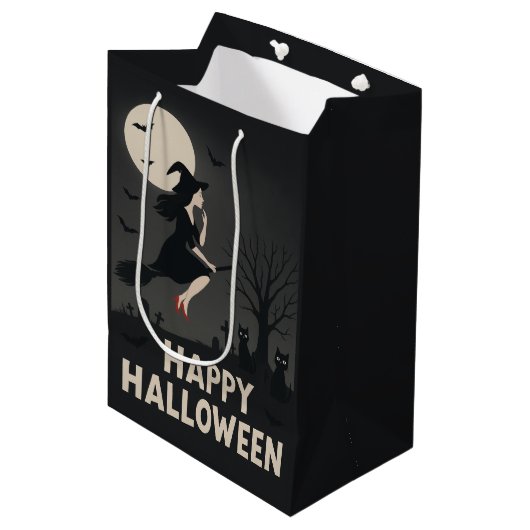 Spooky Flying Witch Halloween Groet Medium Cadeauzakje (Voorkant Gekanteld)