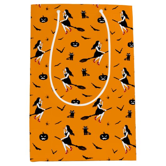 Spooky Flying Witch Halloween Groet Medium Cadeauzakje (Voorkant)
