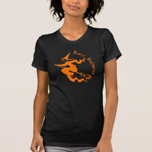 Spooky Flying Witch Happy Halloween Sinaasappel Zw T-shirt