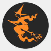 Spooky Flying Witch Oranje Black Halloween Kinder Ronde Sticker (Voorkant)