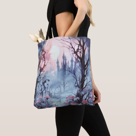 Spooky Forest Volle Maan Blauw en Roze Halloween Tote Bag (Dichtbij)