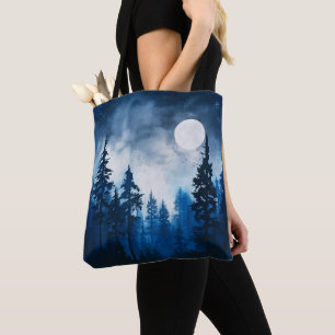 Spooky Forest Volle Maan Blauw en Wit Halloween Tote Bag