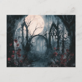 Spooky Forest Volle Maan Rode Rozen Halloween Feestdagenkaart