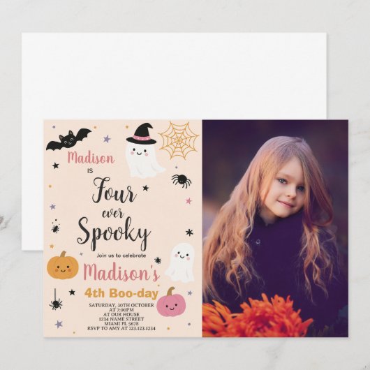 Spooky Four Kinder Halloween Verjaardagsuitnodigin Kaart (Voorkant / Achterkant)