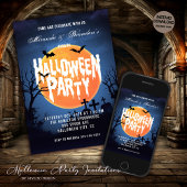 Spooky Full Moon Bats & Graveyard Halloween Party Kaart