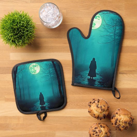 Spooky Full Moon Night Design Ovenwant & Pannenlap Set (Top down)