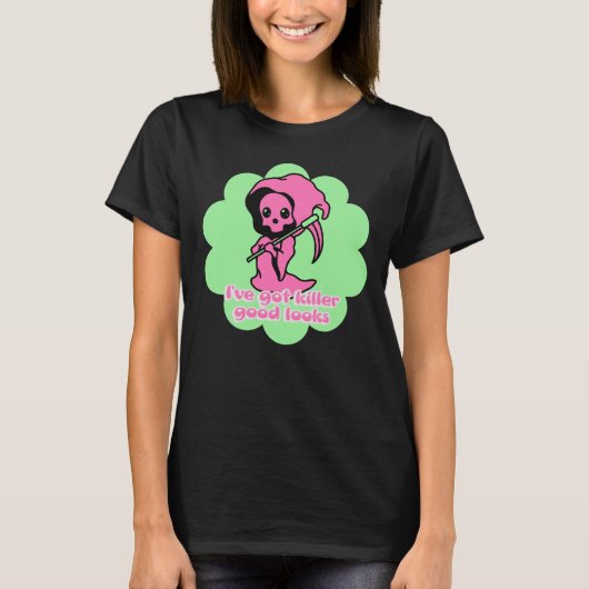 Spooky Fun Grim Reaper Roze & Groen T-shirt (Voorkant)