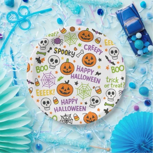 Spooky & Fun Pumpkin - Kleurrijk Halloween Patroon Papieren Bordje (Feest)