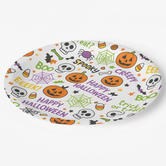 Spooky & Fun Pumpkin - Kleurrijk Halloween Patroon Papieren Bordje (Gekanteld)