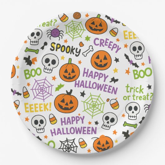 Spooky & Fun Pumpkin - Kleurrijk Halloween Patroon Papieren Bordje (Voorkant)