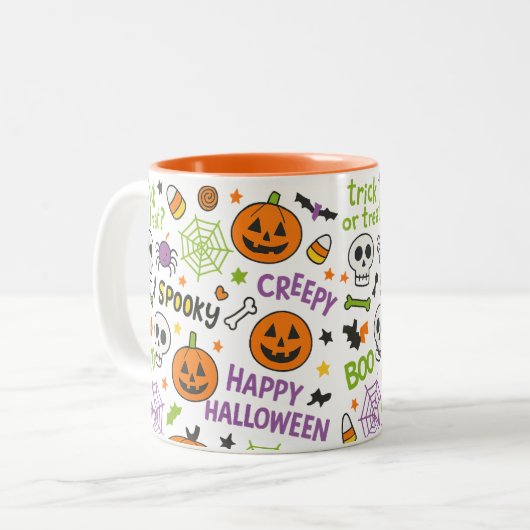 Spooky & Fun Pumpkin - Kleurrijk Halloween Patroon Tweekleurige Koffiemok (Voorkant links)