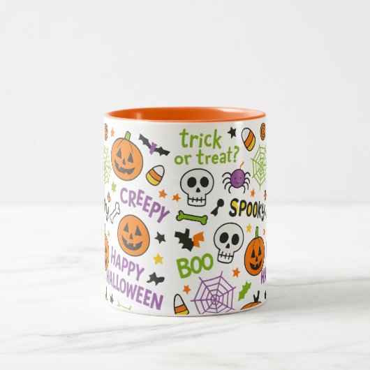 Spooky & Fun Pumpkin - Kleurrijk Halloween Patroon Tweekleurige Koffiemok (Center)