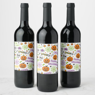 Spooky & Fun Pumpkin - Kleurrijk Halloween Patroon Wijn Etiket