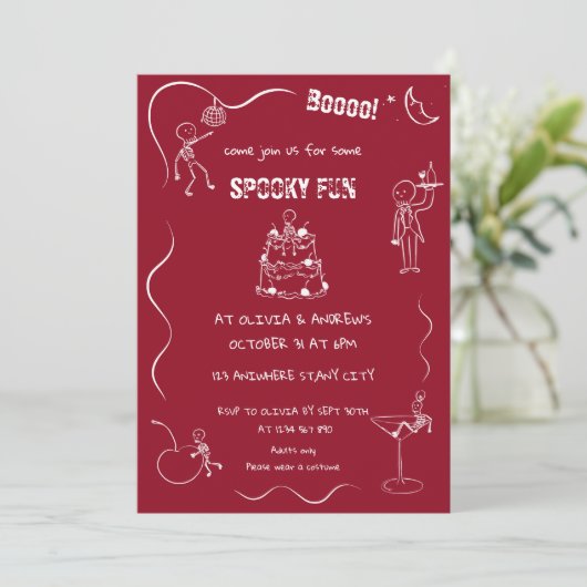 Spooky fun Skeleton Adult Halloween Party Kaart (Staand voorkant)