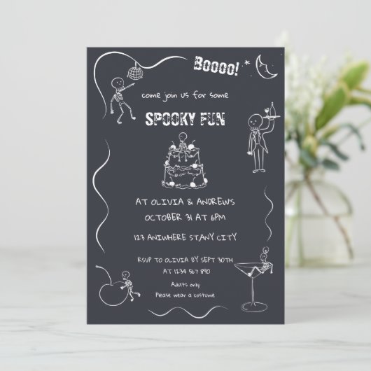 Spooky fun Skeleton Zwart Volwassen Halloween Part Kaart (Staand voorkant)