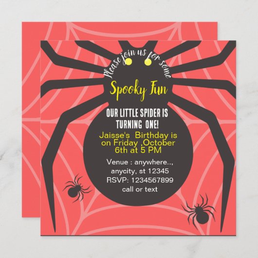 SPOOKY FUN SPIDER VERJAARDAG OP MAAT UITNODIGING (Voorkant / Achterkant)