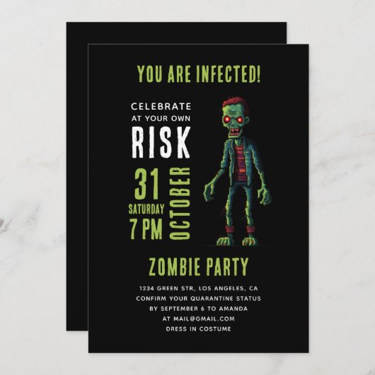 Spooky Funny Zombie Halloween Party | Black Grunge Kaart (Voorkant / Achterkant)