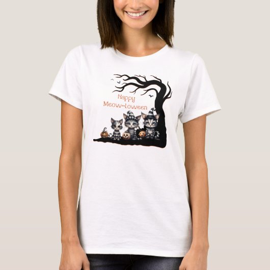 Spooky gestreepte Halloween Ghost Cat met Kittens T-shirt (Voorkant)