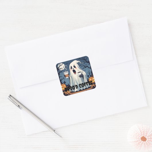 Spooky ghost Broo'd Coffee Halloween Cafe sticker (Envelop)
