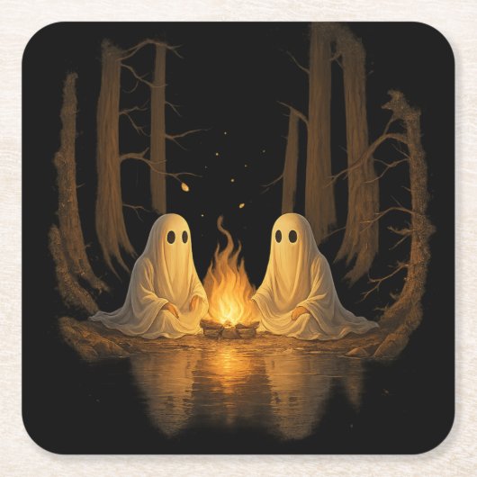 Spooky Ghost Campfire Night Forest Art - Halloween Kartonnen Onderzetters (Voorkant)