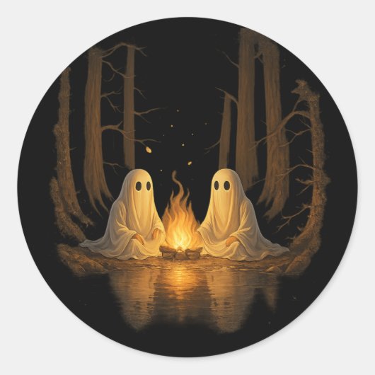 Spooky Ghost Campfire Night Forest Art - Halloween Ronde Sticker (Voorkant)